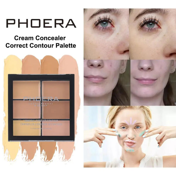 PHOERA 6-Color Classic Concealer Palette Cream Texture Moisturizing Full Coverage Acne Spot Invisible Pore Concealer Face Makeup