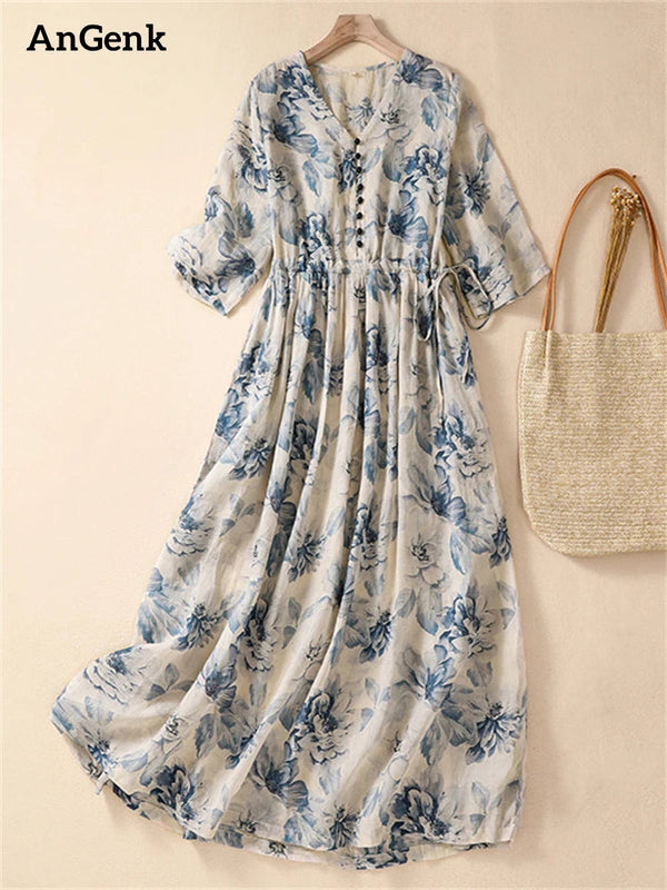 Short Sleeve Print Vintage Long Dresses For Women 2024 New Summer Fashion Casual Loose Dress Femme Robe Vestidos Elegant Clothes