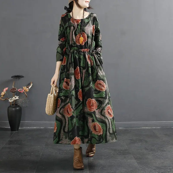 Retro Literary Round Neck Cotton and Linen Dress for Women Spring and Autumn Large Size Loose Waist and Elegant Long Dresses