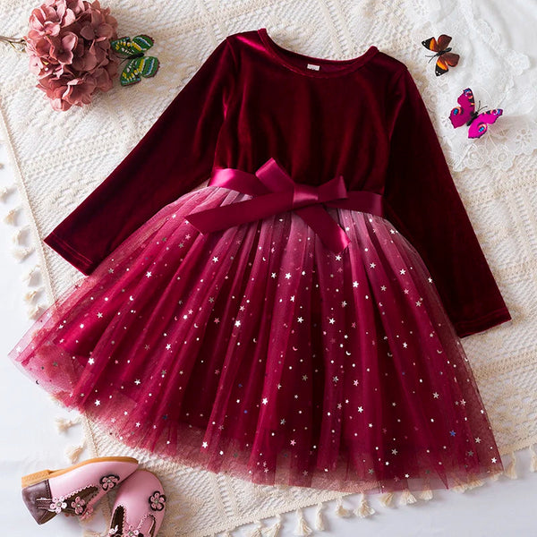 3-8Yrs Children Girls New Year Dress Red Christmas Long Sleeved Dress for Kids Birthday Wedding Party Wear Fashion Autumn Outfit