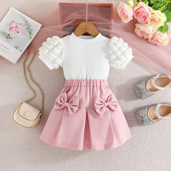 Terno For Kid Girl   Puff Sleeve Blouse and Elastic Skirt Summer Outfit Toddler Infant Clothing Set Kids Wear Ootd For Baby Girl