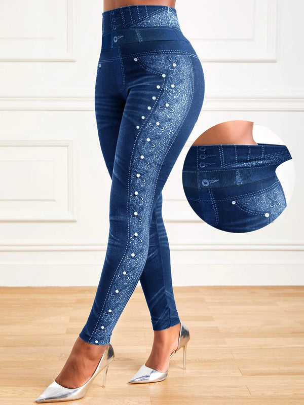 High-Stretch Denim Print Leggings Ultra Comfortable Tummy Control for Yoga High Rise Waist Daily Fashionable