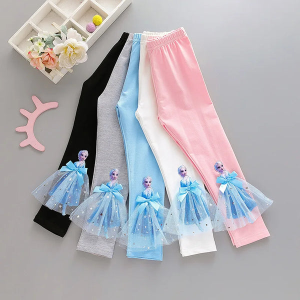 Disney Quality Cotton Girls Pants for Children Frozen Elsa Princess Long Pants Baby Girl Pink Blue Trouser Lace Kids Leggings