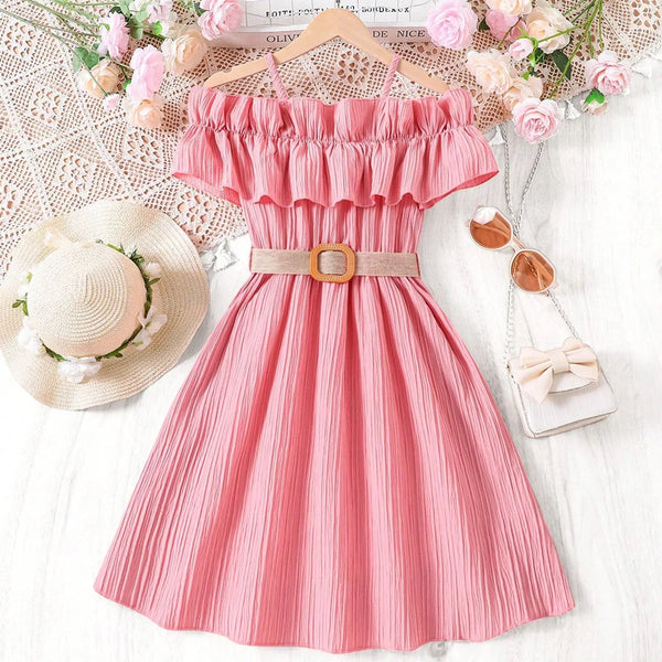 Girls Casual Dresses One-line Shoulder Strap Patchwork Lace Dress Kids Clothes Girls 8 To 12 Years Princess Dress for Girls