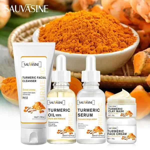 5PCS Turmeric Lemon Skin Care Set Acne Dark Spot Remover Whitening Brighten Facial Kit Face Cream Cleanser Serum Oil Winter Kit