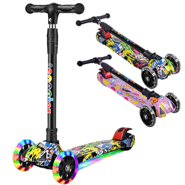 Outdoor Kids Scooter Light-Up Wheels Foldable Child's Kickboard Non-Slip Deck Adjustable Kids Push Scooter Toys for Ages 2-10