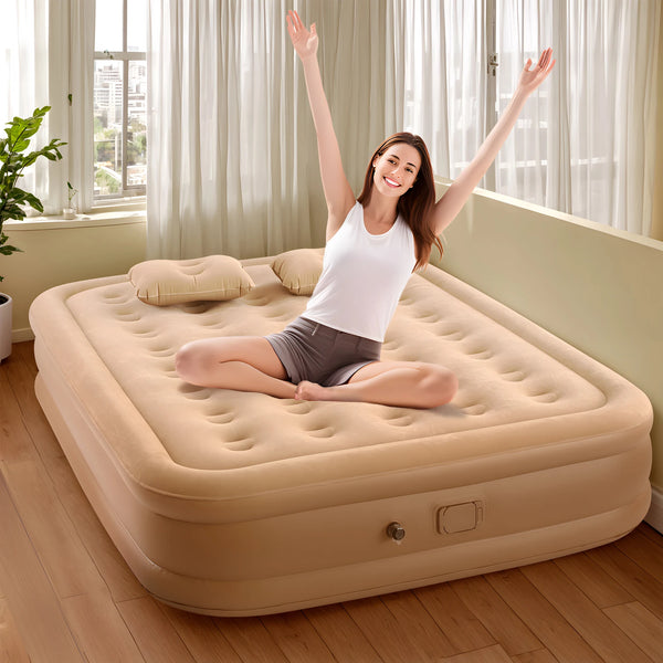 Double layer inflatable mattress with built-in pump and LED suitable for home camping Durable inflatable bed with dual pump air