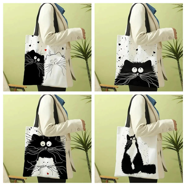 Linen Shopper Reusable Tote Cute Cats Print Grocery Storage Bag Portable Large Capacity Shoulder Bag Machine Washable Tote Bag