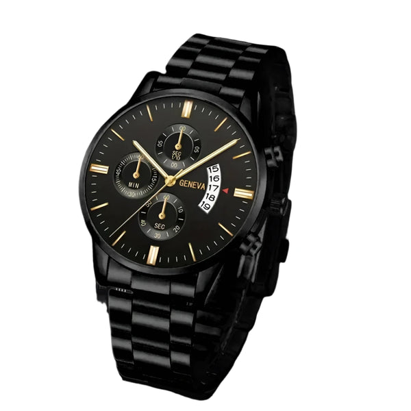 Men Black Stainless Steel Watch Luxury Calendar Quartz Wrist Watch Mens