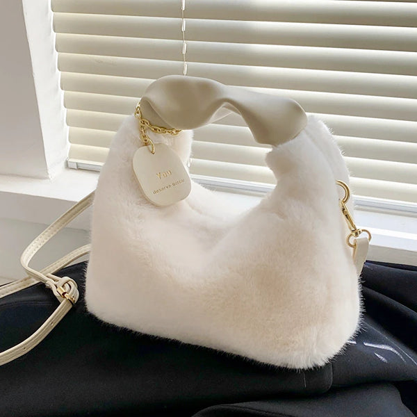 Women Faux Fur Plush Handbags Ruched Handle Small Lady Shoulder Crossbody Bag Casual Half-Moon Hobos Winter Bags for Women