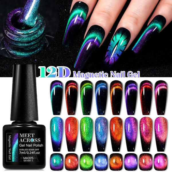 MEET ACROSS 7ml Magnetic Gel 12D Cat Eyes Effect UV Nails Gel Polish Varnish Glitter Starry Nail Art Soak Off Hybrid Lacquer Gel