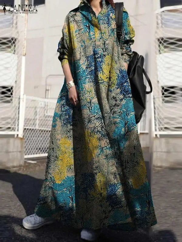 Dress Women Vintage Long Sleeve Floral Printed Sundress Bohemian Lapel Neck Loose Cotton Vestido