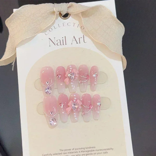 10pcs Handmade Press On Nails Gradient Pink Fake Nail With 3D Moon Heart Diamond Design Full Cover Nail Tips Wearable False Nail