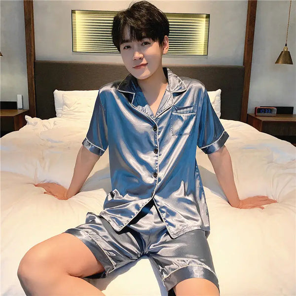 Summer New Pajamas For Man Big Size Satin Mens Pajama Sets Shorts Silk Short Sleeve Sleepwear Home Clothes Pijama Night Wear