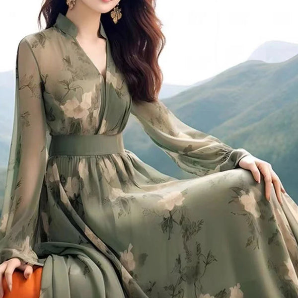 Summer Maxi Dress Women V-neck Fashion Long Sleeve Dresses