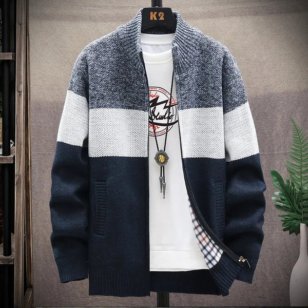 Cardigan Sweater Men Fleece Zipper Sweaters Velvet Contrast Striped Sweater Coats Casual Jackets