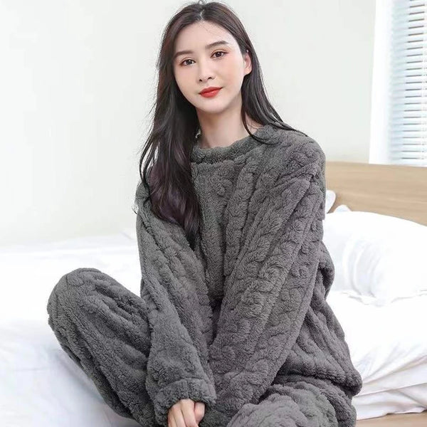 Autumn Women Solid Warm 2 Piece Sets Thicken Velvet Ribbed Fleece Set Pullover And Pants Women Casual Pajama Sets 2023