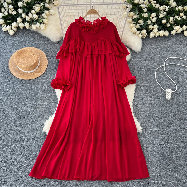 Chic Ruffle Long Sleeve O Neck Pleated Loose Dress Chiffon A-line Casual Dresses Korean Fashion Women Elegant Vestidos