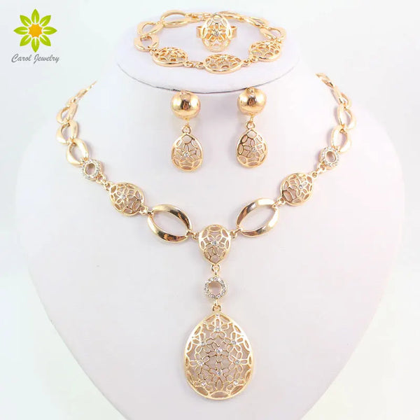 Fashion Vintage Clear Crystal Gold Color African Bridal Costume Jewelry Sets Nigerian Wedding Water Drop Necklace Earrings Set