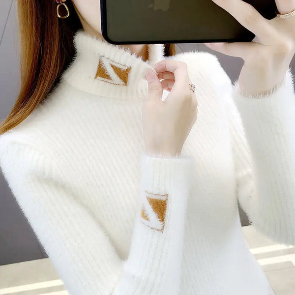 Sweater Women Mink Letter Jacquard Underlay Solid Western Knit Undercoat Autumn Winter Pullover Sweater