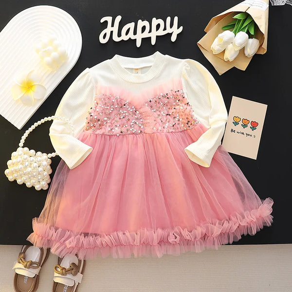 Dresses For Kids Girls Cotton Long Sleeve Sequin Lace Princess Children's Dresses Spring Elegant Birthday Clothing Show Costume