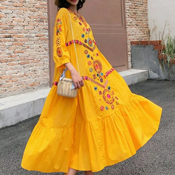 Boho Vintage Ethnic Style Embroidery Cotton Linen Long Dresses for Women 2023 Summer Trendy Fairy Loose Beach Holiday Dress Robe