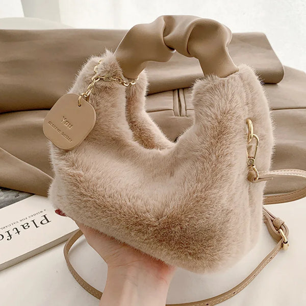 Cute Plush Shoulder Bag Women Faux Fur Handbags Zipper Lady Casual Tote Half-Moon Hobos Winder Crossbody Bagtraveling Shopping