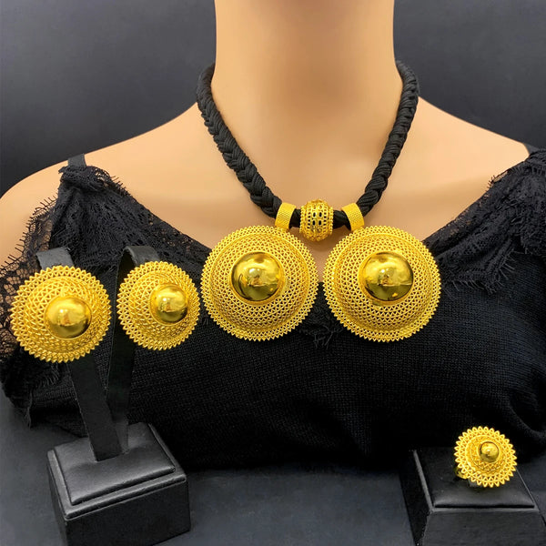 Dubai Indian African Black Rope Necklace Earrings Jewelry Set For Women 24K Gold Plated Nigeria Bridal Wedding Party Jewellery