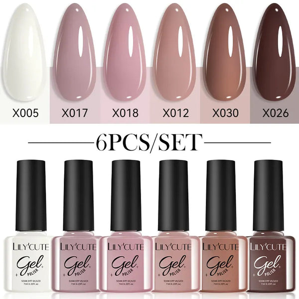 LILYCUTE 6Pcs/set 7ml Coffee Series Gel Nail Polish Kit 125 Colors Manicure Semi Permanent Soak Off UV Nail Art Gel Varnish