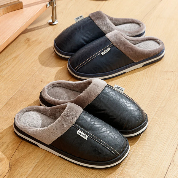 Men's slippers Winter Big Size Indoor Waterproof PU Leather Large Sizes Home Cotton shoes Fur Flat Cotton Bedroom