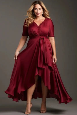 Flycurvy Plus Size Everyday Christmas Red Lace V-neck High Low Hem Short Sleeve Maxi Dress