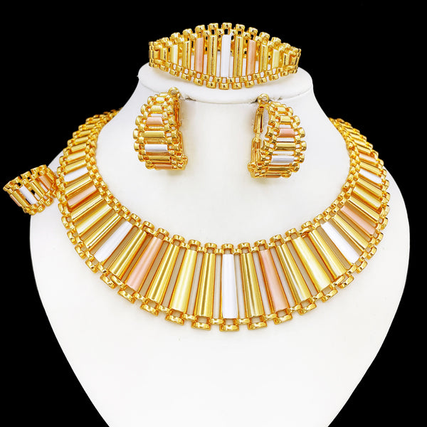 Italy 18K Gold Plated Jewelry Sets For Women Classic Tricolor Design Necklace Earrings Bracelet Ring Fashion 4PCS Set Jewelry