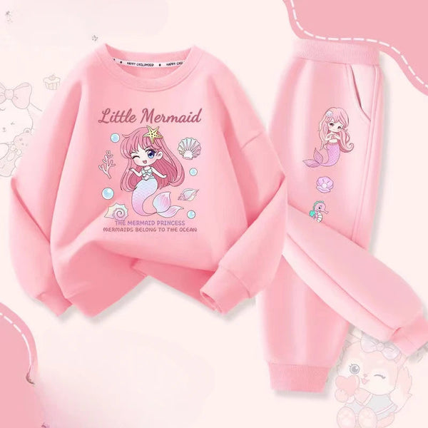 Autumn Baby Girl Boy Clothes Set Children Disney Mermaid Princess Printing Sweatshirt Top and Pants Bottom 2Piece Suit Tracksuit