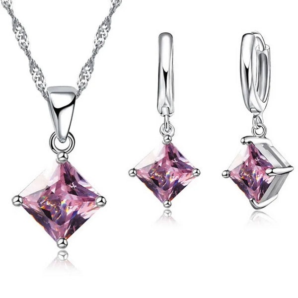 Necklace Simple Geometry Square Earrings Crystal 925 Sterling Silver Color Jewelry