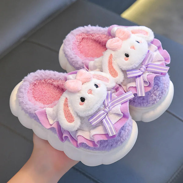 2024 New Winter Children's Cotton Slippers - Cute and Warm Fleece Rabbit Fur Baby's Home Cotton Slippers for Girls