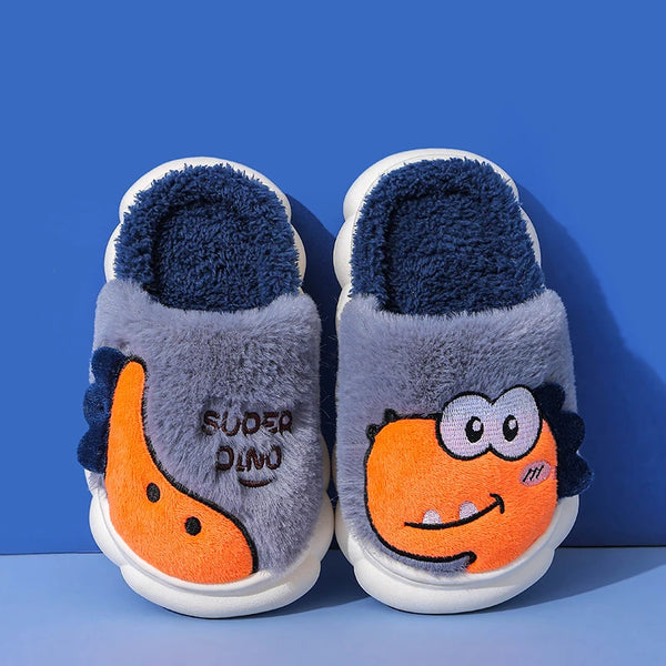 New Winter Cute Cartoon Dinosaur Children's Warm Soft Non-slip Fluffy Slippers For Girls Boys Indoor Mule Kids Home Cotton Shoes