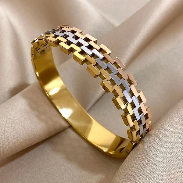 Chunky Gold Plated Stainless Steel Cuff Bracelet for Women Men Fashion Tricolor Hollow Geometric Wide Bangles Waterproof Jewelry