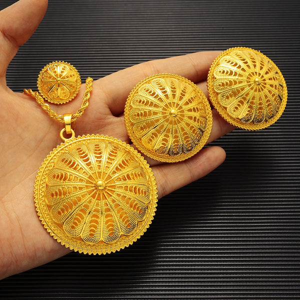 Ethiopian Gold Color Jewelry Round Pendant Necklace Earring Ring  Africa Women Men Bridal Wedding Party Eritrea Sets Gifts