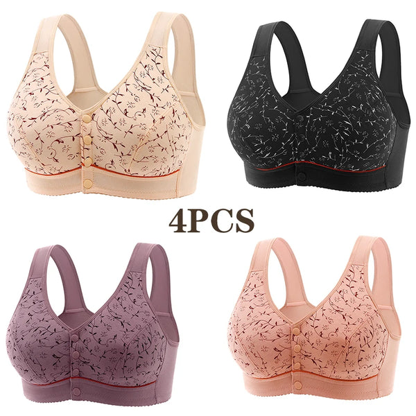 Fashion Women Floral Pattern Non-Steel Support Underwear Breathable Comfortable Front Button Convenient Bra Traceless Stretchy