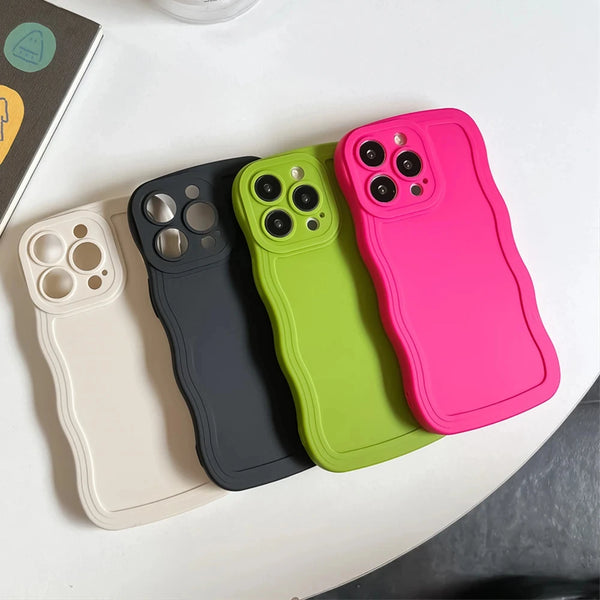 Cute Curly Wave Frame Silicone Phone Case For iPhone 11 12 13 14 15 Pro Max Matte Solid Color Shockproof Protection Back Cover