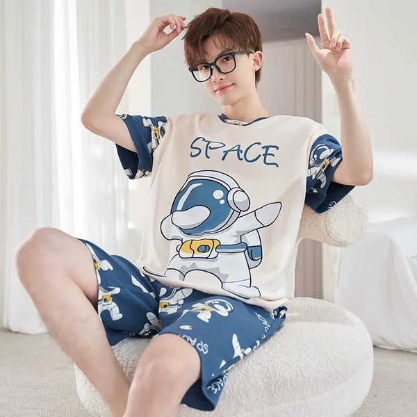 Men's Summer Pajamas Loungewear Set Round Neck Short Sleeve Thin Teen Men New Cartoon Casual Student Pajamas Loungewear Set