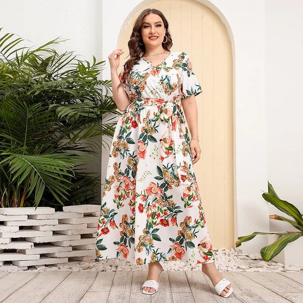 plus size New best-selling oversized loose V-neck dress for women with elastic waist, short sleeved printed long skirt